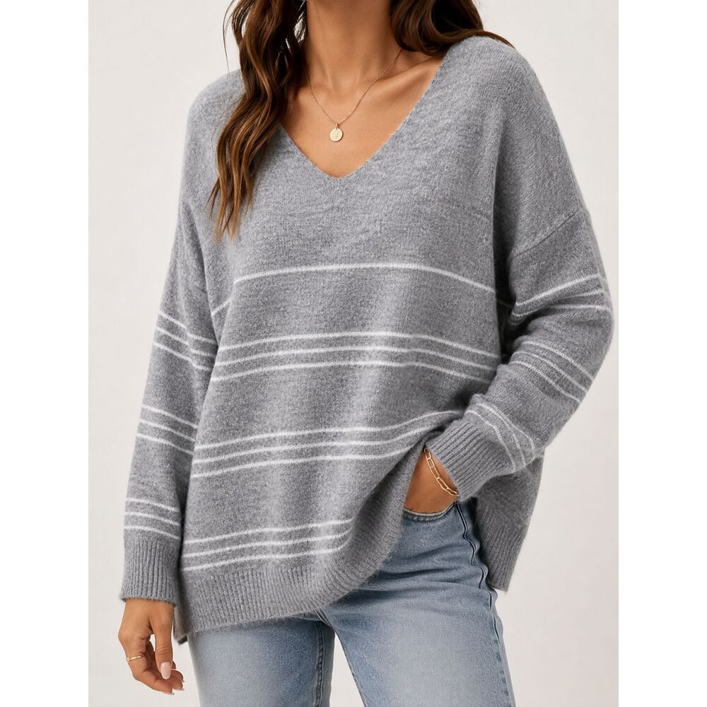 GeeGee Gray Fuzzy Knit Sweater Medium Oversized V Neck Cozy Soft Tunic Boho
